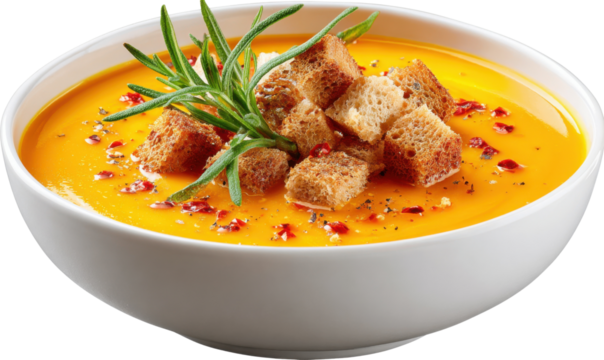 Hearty Autumnal Soup: A steaming bowl of creamy soup, garnished with crispy croutons and aromatic herbs, offers a comforting embrace of flavors and textures.
