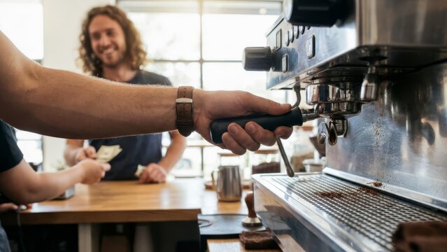 Barista using espresso machine while customer pays at counter. payment concept.