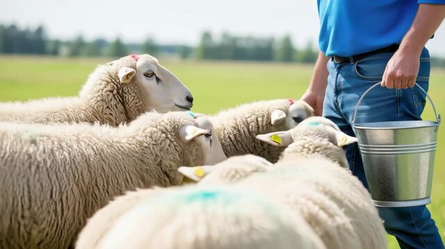 Farmer feeding fluffy sheep in sunny green pasture, close up on eager faces and gentle hand 4k high quality footage