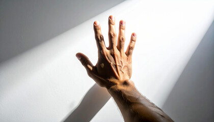 Human hand with fingers spread reaching towards a bright light beam on a white wall image