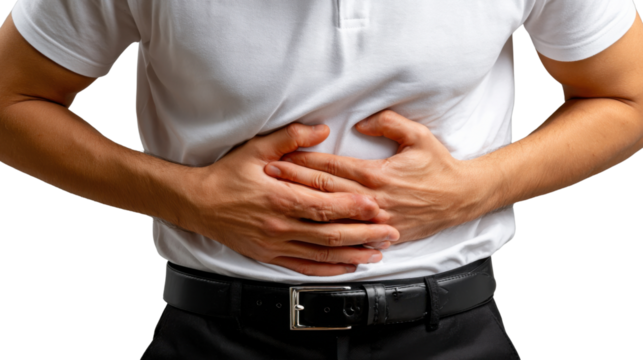 Abdominal Pain: A man clutches his abdomen, expressing discomfort in his stomach area, highlighting a common health issue and emphasizing the need for care.