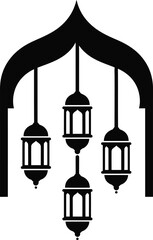 Islamic archway with hanging lanterns silhouette for ramadan and eid celebrations