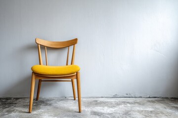 Minimalist wooden chair with yellow seat against a light gray wall.