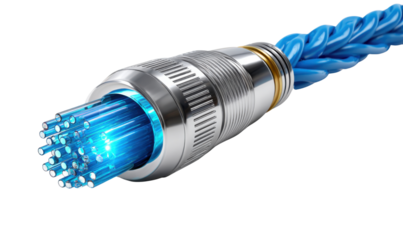 Optical Fiber Connector: A close-up view of an optical fiber connector with a multitude of glowing blue fiber optic strands.