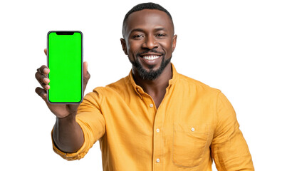 Tech Enthusiast's Showcase: A man with a warm smile holds up a smartphone with a vibrant green screen, beckoning the viewer to explore the possibilities of mobile technology.