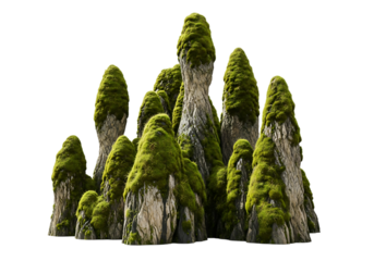 Lush green moss covering weathered rock formations in nature scene