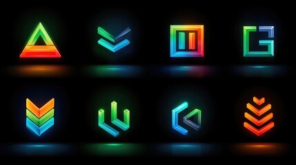 Neon business logo designs with glowing abstract shapes, generic icons, futuristic branding visuals, and digital corporate identity elements in electric color tones