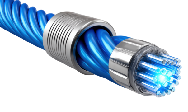 Optical Fiber Connection: A close-up view of a fiber optic cable, showcasing the intricate design and the transmission of light through the core, representing the flow of information.