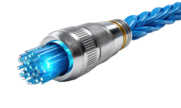 Optical Fiber Connector: A close-up view of an optical fiber connector with a multitude of glowing blue fiber optic strands.