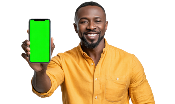 Tech Enthusiast's Showcase: A man with a warm smile holds up a smartphone with a vibrant green screen, beckoning the viewer to explore the possibilities of mobile technology. 