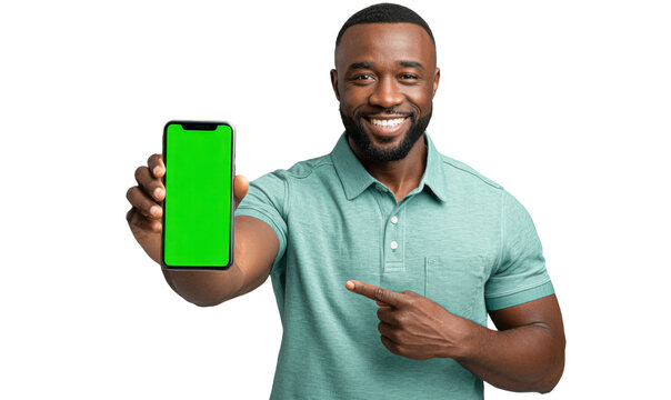 Man with Smartphone: A smiling man, points with enthusiasm to a smartphone, a vivid green screen promising endless possibilities, as he offers it towards the viewer. 