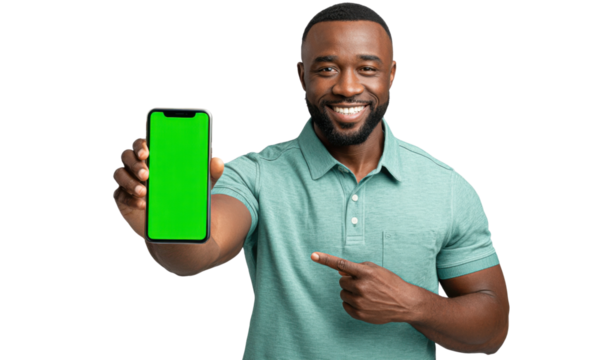 Man with Smartphone: A smiling man, points with enthusiasm to a smartphone, a vivid green screen promising endless possibilities, as he offers it towards the viewer. 