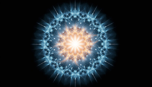 Intricate Geometric Mandala Pattern with Glowing Orange Center and Blue Spokes symmetrical