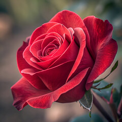 Close up of a vibrant red rose in full bloom with delicate petals and soft blurred background view