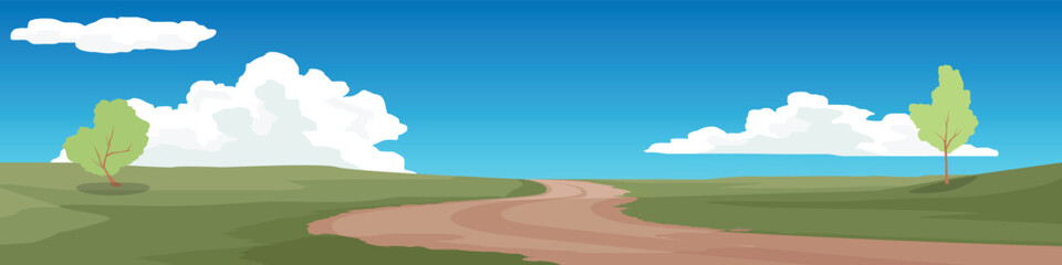 Obraz premium Landscape with winding dirt roads winding around on the hills. Fluffy white clouds adorn the bright blue sky over lush green hills with trees. Empty space above for banner background.