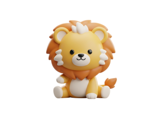 Adorable 3d cartoon lion cub character sitting, playful look