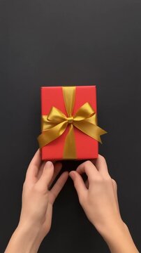 en primera persona en vista superior, de unas manos atando un lazo de cinta dorada en una caja de regalo roja, sobre un fondo negro.