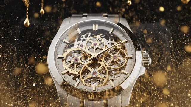 Explosion of golden particles around transparent watch face macro shot