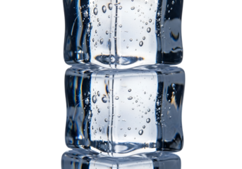 Stacked clear ice cubes with captured bubbles and cool reflection.