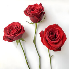 A top view of three vibrant red roses with green stems lying on a clean white background surface
