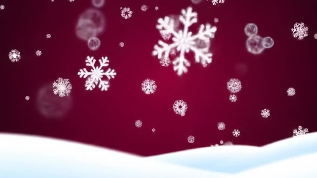 Winter Wonderland Animation with Snowflakes and Bubbles on Red Background.