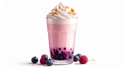 Pink berry smoothie topped with whipped cream and nuts in a glass on a white background Keywords: smoothie, pink