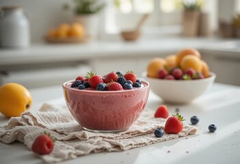 Delicious berry smoothie bowl on a kitchen counter with fresh fruits nearby Generative AI