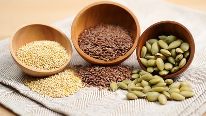 Healthy Seeds in Wooden Bowls: Flax Seeds, Millet, and Pumpkin Seeds