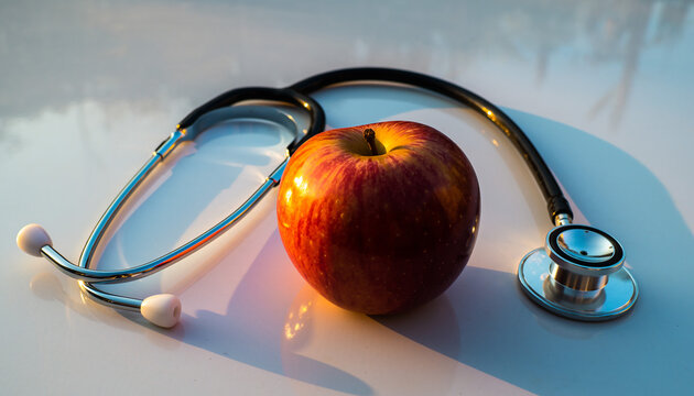 Red Apple and Medical Stethoscope on a Reflective Surface with Sunlight health - Powered by Adobe