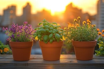 Three potted plants, including basil and flowering herbs, sit on a wooden ledge, bathed in the warm, golden glow of a city sunset.