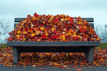 A park bench overflowing with a vibrant mound of red, orange, and yellow autumn leaves, evoking the beauty of fall.