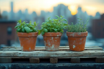 Potted herbs on a wooden pallet overlooking a hazy city skyline at golden hour, capturing a serene urban garden.