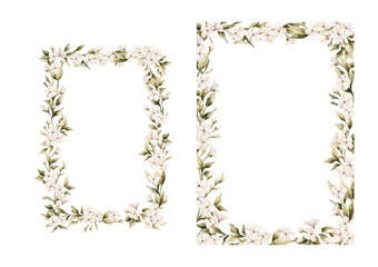 White small flowers frames set. Jasmine, orange, apple blossom. Watercolor hand painted cute floral isolated illustration for wedding design, home textile, porcelain crockery, cosmetic package