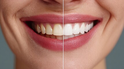 Close-Up of Woman's Smiling Face Showcasing Teeth Color Difference Before and After Whitening Treatment