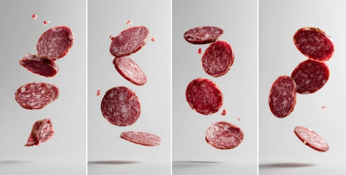 Salami slices, red and patterned, suspended in mid-air