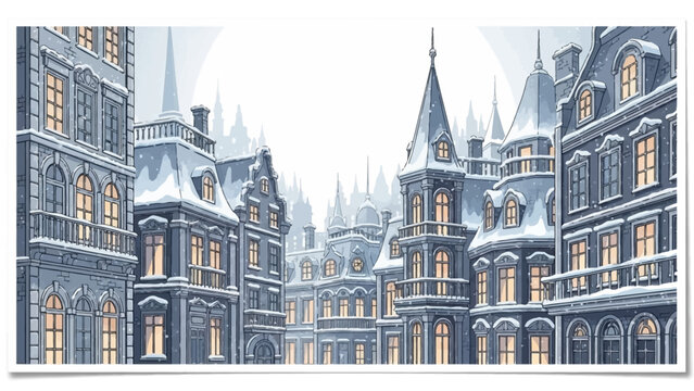 A serene winter scene of a large, gray castle complex with snow-covered roofs and warmly lit windows, showcasing intricate dekoration and a festive christmas atmosphere in a fairytale-like
