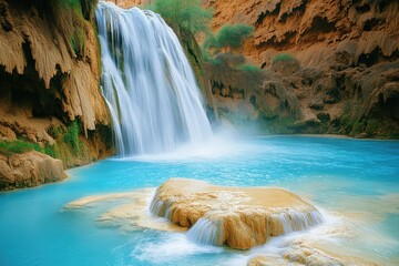Majestic waterfall cascades into a vibrant turquoise pool, surrounded by striking reddish-brown rock formations and lush greenery, creating a serene natural oasis.