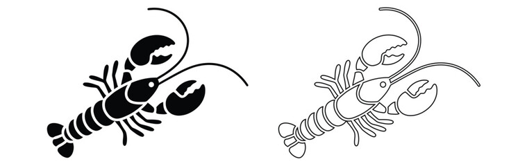 Lobster silhouette and outline for nautical designs or seaside menus,Simple lobster vector. lobster black icon isolated on white background.Lobster icon. Sea products, crayfish.