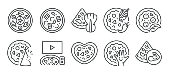 Pizza Types Icon Set. Simple Line Illustrations of Diverse Pizzas Including Vegetarian Leaf, BBQ Meat, Kids Friendly, Sweet Chili Honey, Basil Leaf, Party, Kimchi, Movie Night, Heart-Shaped, Handprint