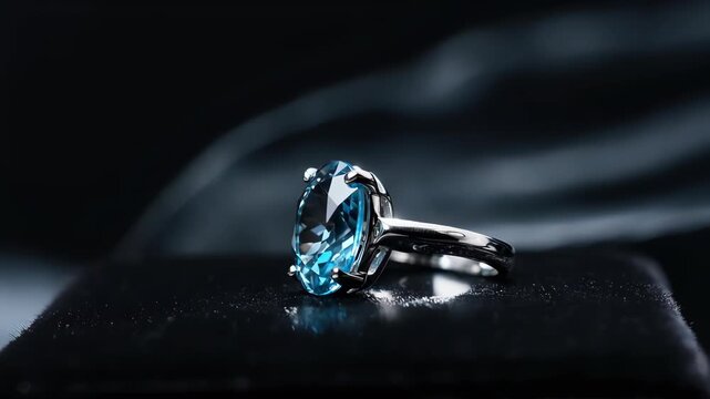 Exquisite Blue Topaz Ring: Sparkling Gemstone on Elegant Black Surface