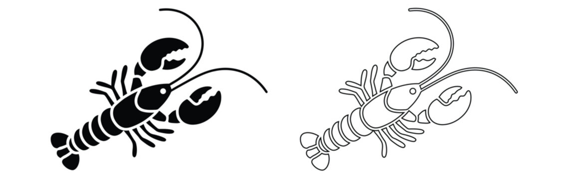 Lobster silhouette and outline for nautical designs or seaside menus,Simple lobster vector. lobster black icon isolated on white background.Lobster icon. Sea products, crayfish.