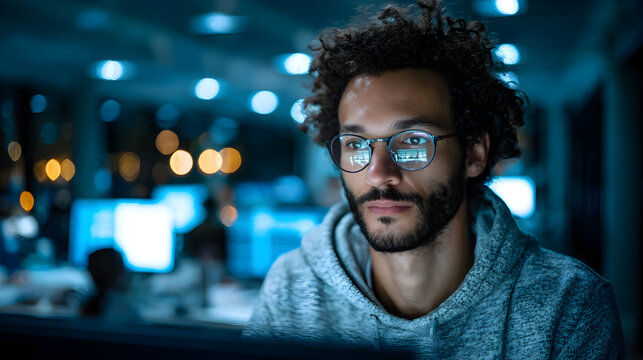 Young male developer coding on computer at night