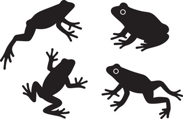 Frog silhouette set in different poses, jumping, sitting, climbing, isolated on white background