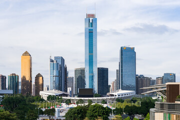 Naklejka premium Architectural views of Tianhe District (BCD) and Tianhe Sports Center in Guangzhou, China