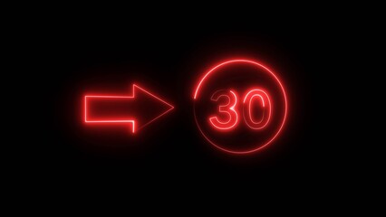 Neon counting 30 number. Neon countdown number illustration.  Counting number with arrow symbol.