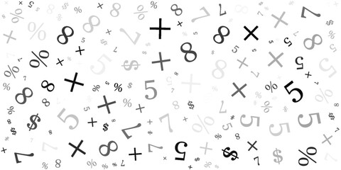 Seamless background with twisted numbers and math symbols. Randomly distributed numerals. One to zero disorganized of different sizes and angles. Illustration on gradient bg vector saved in EPS 10.