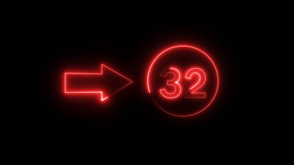 Neon counting 32 number. Neon countdown number illustration.  Counting number with arrow symbol.