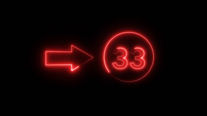 Neon counting 33 number. Neon countdown number illustration.  Counting number with arrow symbol.