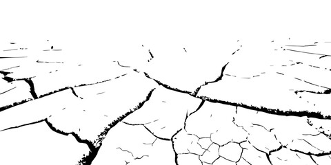 High-contrast cracked earth texture in black and white, showing deep fractures and dried soil patterns. Perfect for backgrounds, drought concepts, environmental designs, and abstract graphic use.