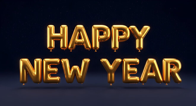 Golden happy new year balloon letters against a dark blue background create a festive and celebratory atmosphere for the holiday season